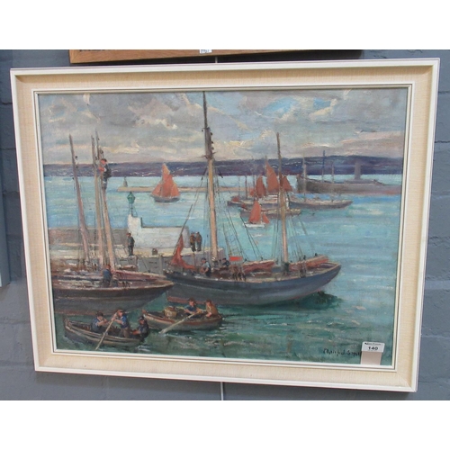 140 - Phillip J Smith (20th century British), busy harbour scene with fishing smacks, oils on canvas. 50 x... 