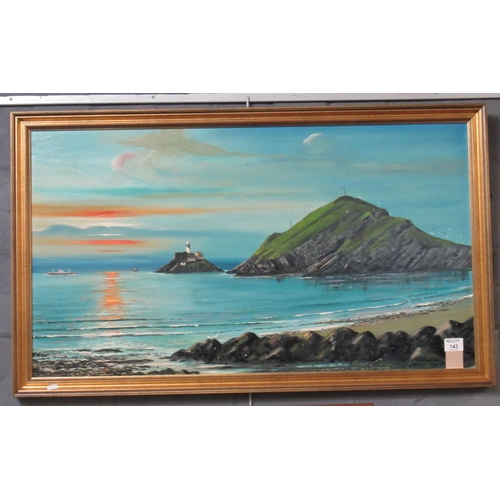 143 - B V Parkyn, Mumbles lighthouse on a calm day. Oils on board, signed. Framed. 52 x 89cm approx.
(B.P.... 