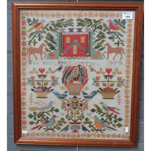 144 - Welsh 19th century needlework sampler by Margaret Price, Penywern, dated 1884. Framed. 50 x 44cm app... 