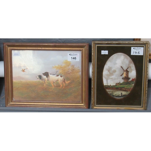 146 - R Hinton (British 20th century), pair of spaniels flushing pheasants. Signed oils on a Crown Devon F... 