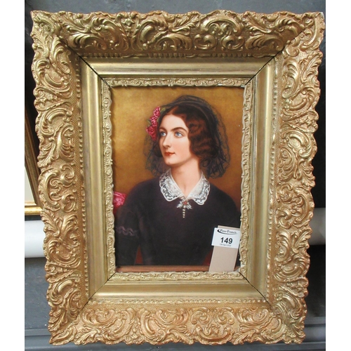 149 - Portrait of a Victorian lady on a porcelain plaque marked R P M Germany. 26 x 19cm approx.
(B.P. 21%... 