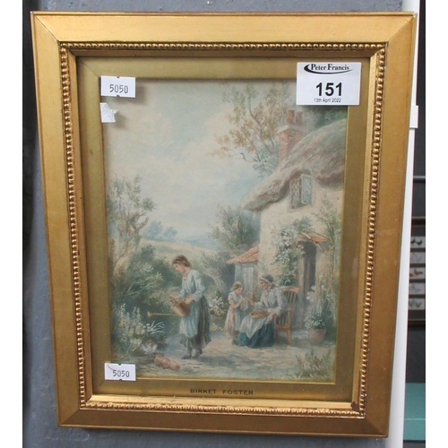 151 - After Birkett Foster, figures in front of a cottage, watercolours. Framed 20 x 16cm approx.
(B.P. 21... 