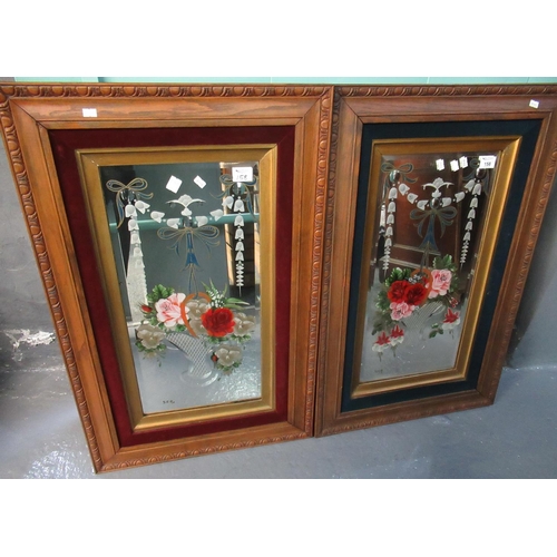 158 - Pair of reverse etched and painted gypsy type mirrors in egg and dart moulded oak frames.  Mirrors w... 