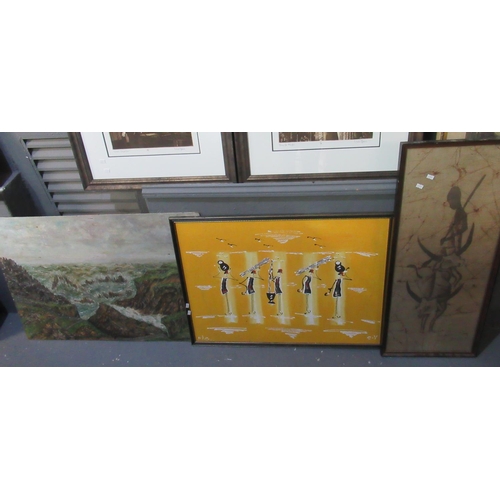 166 - Cliff Top Seascape in oils, unsigned on board, together with modern figure study in oils on yellow b... 