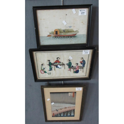 177 - Two Chinese Paintings on Rice Paper, a Junk Style Vessel and various figures.  18x26cm approx and 19... 