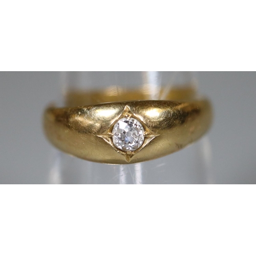 270 - 18ct gold diamond solitaire ring.  The old cut diamond in gypsy setting.  Ring size L&1/2.  Approx w... 