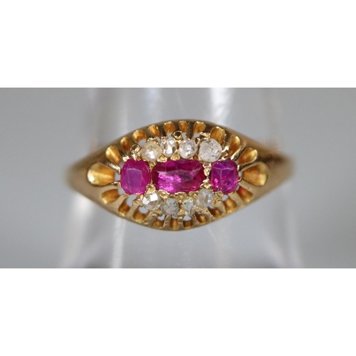 272 - Yellow metal ruby and diamond ring.  Ring size O&1/2.  Approx weight 2 grams.
(B.P. 21% + VAT)