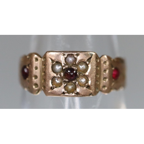 276 - 9ct gold engraved ring set with seed pearls and garnets.  Cut.  Approx weight 1.3 grams.
(B.P. 21% +... 