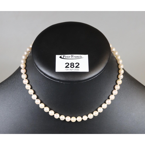 282 - String of cultured pearls with 9ct gold pearl set clasp.
(B.P. 21% + VAT)