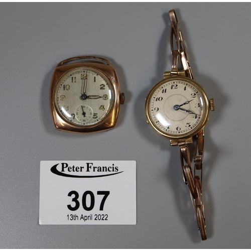 307 - Cushion-shaped gold gent's small head wrist watch and a ladies gold wrist watch with expanding brace... 