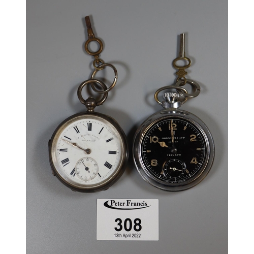308 - Ingersoll chrome plated top wind pocket watch with black military style face, together with a silver... 