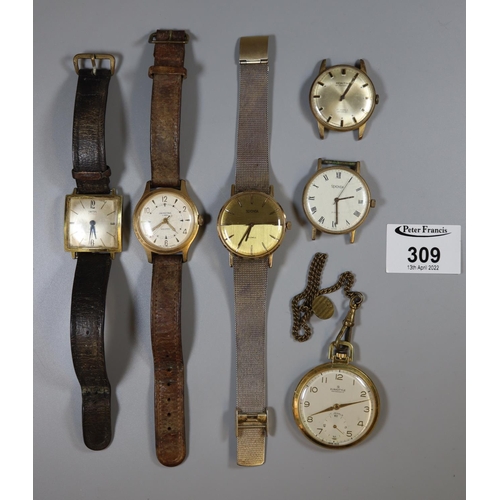 309 - Collection of assorted gent's wrist watches and a pocket watch to include vinatge Ingersoll with swe... 