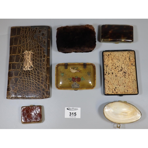 315 - Collection of vintage purses  including a shell purse, a 1920's beaver skin purse, two cigarette cas... 