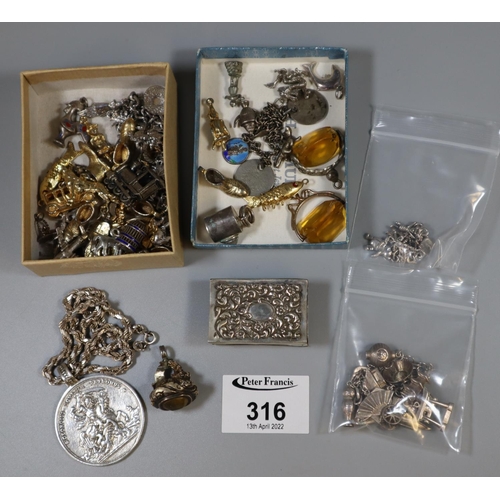 316 - A collection of silver and costume jewellery including a Pooh Bear charm bracelet, silver match box ... 