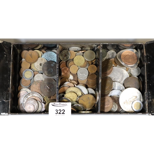 322 - Metal cash drawer containing an assortment of British and foreign currency, particularly including a... 
