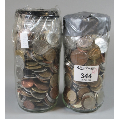 344 - Two glass jars of assorted foreign coinage. (2)
(B. P. 21% + VAT)