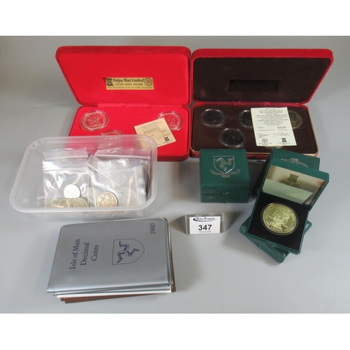 347 - Box of coins to include sterling silver proofs, Isle of Man 100 year anniversary of Tinwald, Isle of... 