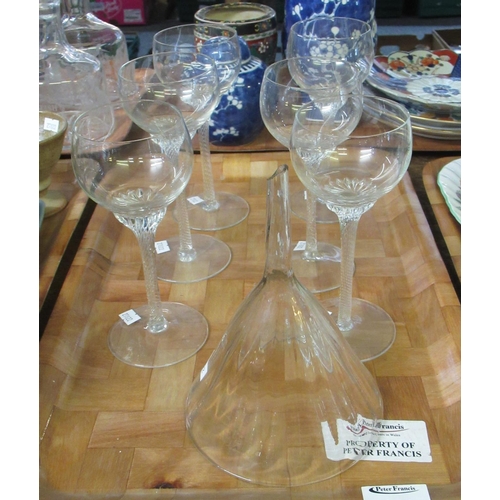 350 - Tray of glass ware to include six, possibly early 20th century, hock glasses with wrythen stems and ... 