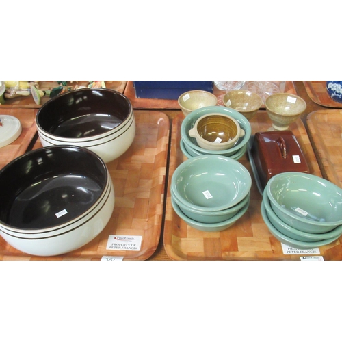 351 - Two trays of pottery to include: nine sage coloured, unmarked pottery bowls, three short stemmed bro... 