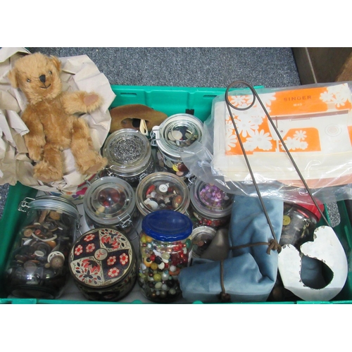 357 - Box of assorted haberdashery items to include jars of buttons and beads, pieces of velvet and other ... 