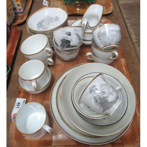 401 - Group of 19th Century bat printed black and white transfer printed china items to include tea cups, ... 