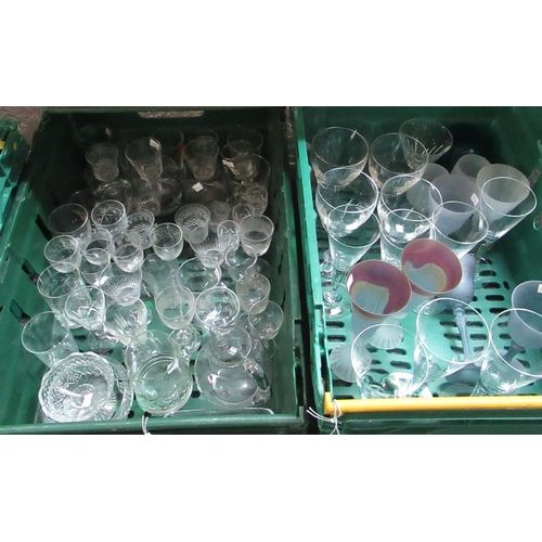 418 - Four large boxes of assorted glass ware, mainly 20th century drinking glasses, to include: conical s... 