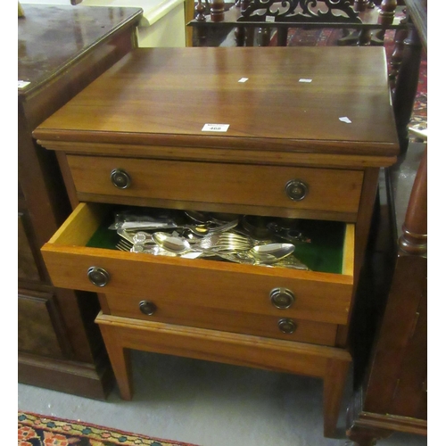 468 - Mahogany finish four drawer cutlery chest on stand, the interior revealing various silver plated and... 