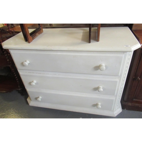 491 - 20th century painted pine straight front chest of three drawers with shaped sides. 114 x 50 x 83cm a... 