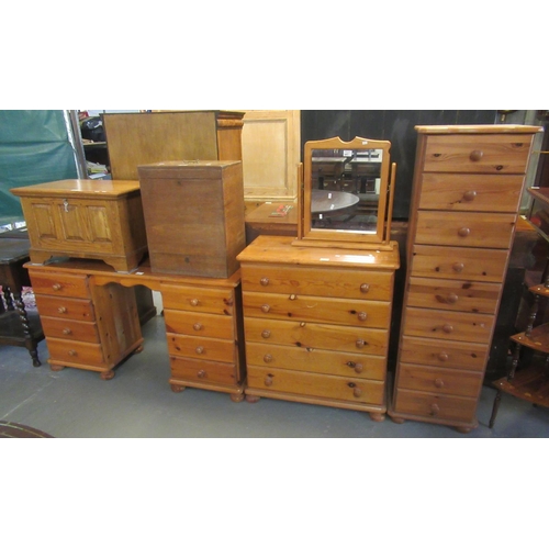 495 - Collection of modern pine furnishing items to include  knee hole desk, bedroom mirror, straight fron... 