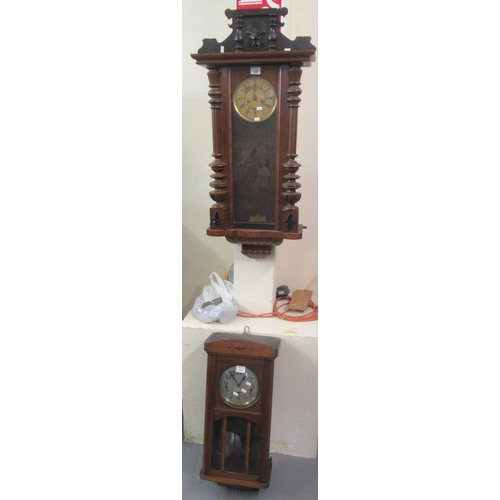 539 - Early 20th century walnut two train Vienna type wall clock, together with a mid century oak three-tr... 