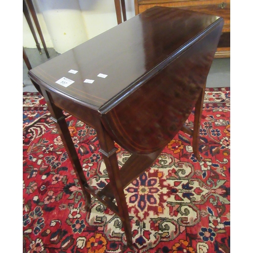 557 - Edwardian mahogany inlaid drop leaf table with shaped under tier on splay legs.
(B.P. 21% + VAT)