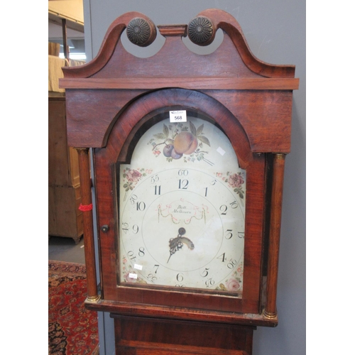 568 - Early 19th century oak cased 30 hour longcase clock, having painted face with Arabic numerals and de... 