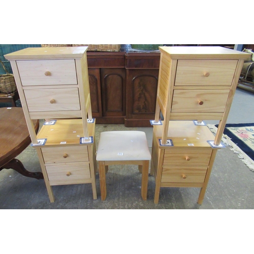 573 - 4 Modern Pine 2 Drawer Bedside Cabinets or chest together with Upholstered Pine Framed Stool (5)
(B.... 