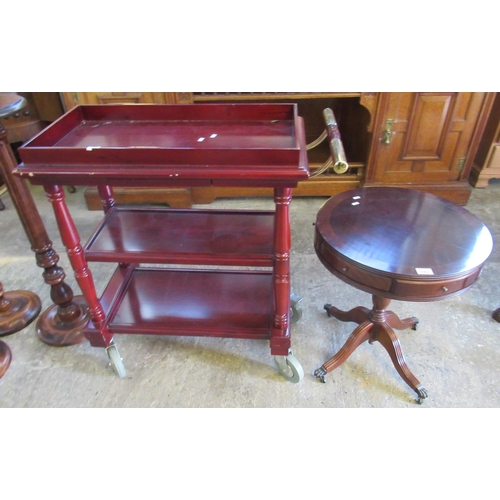 583 - Good quality mahogany finish 3 tier commercial serving trolley together with a small reproduction re... 