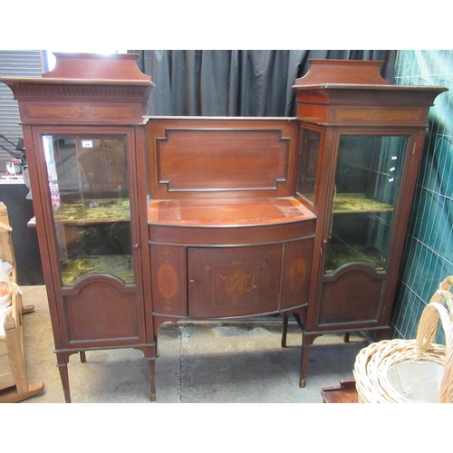 599 - Edwardian inlaid mahogany  double display cabinet cupboard with bow fronted, cross banded centre sec... 