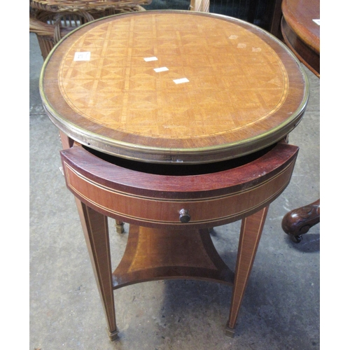 602 - French Style parquetry  and guilt metal mounted oval lamp table with under tier on square tapering l... 