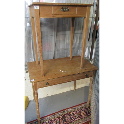 611 - Two Edwardian stripped pine side tables, both with frieze drawers, one on square tapering legs, one ... 