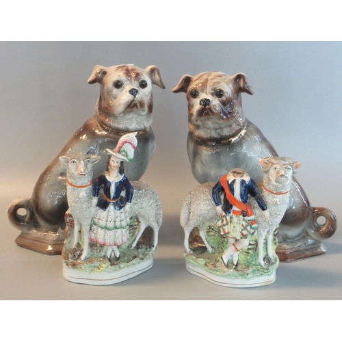 81 - Pair of early 20th century Staffordshire pottery fireside seated pug dogs with glass eyes, together ... 