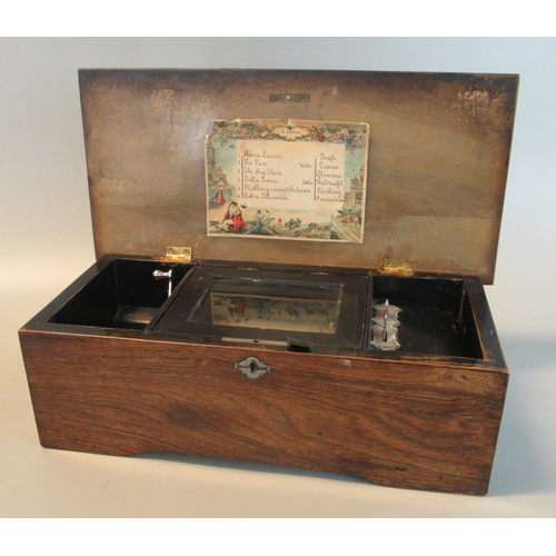 83 - 19th century rosewood and ebonised Swiss musical box, playing six aires on 8.75cm steel comb.
(B.P. ... 