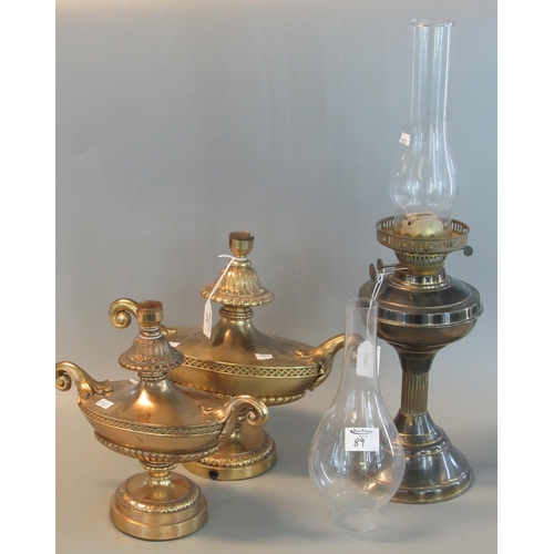 89 - Two similar modern brass finish urn-shaped classical design lamp bases, together with an early 20th ... 