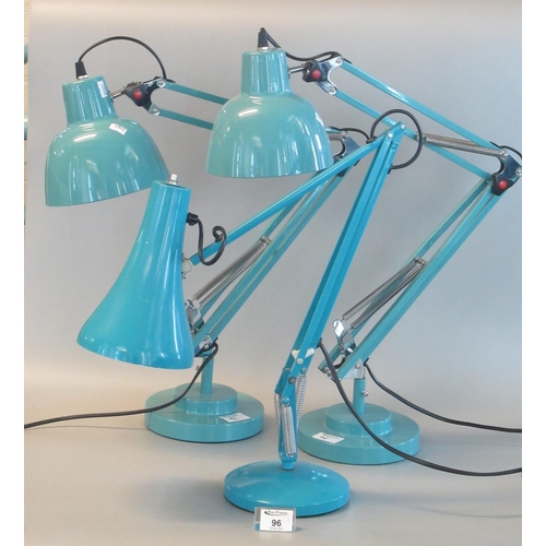 96 - Three similar turquoise ground angle poise lamps. (3)
(B.P. 21% + VAT)