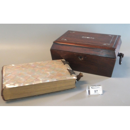 97 - 19th century mother of pearl inlaid rosewood sarcophagus shaped box with loop wooden handles, lackin... 