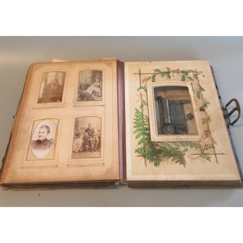 98 - Victorian leather bound Cart de Visite album containing various cards, in distressed condition. Toge... 