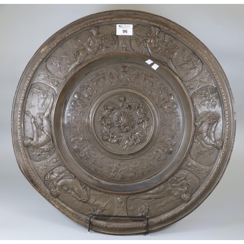 77 - 19th century bronze, originally partially gilded , roccoco style repoussé decorated plaque/charger w... 