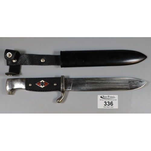 128 - German WWII style Hitler youth travelling sheath knife, the 15cm blade unmarked with checkered grips... 