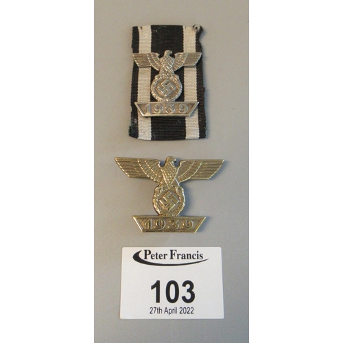 103 - Two German WWII Iron Cross spange 30 x 30mm second class bar and 45 x 30mm first class bar. Silver a... 