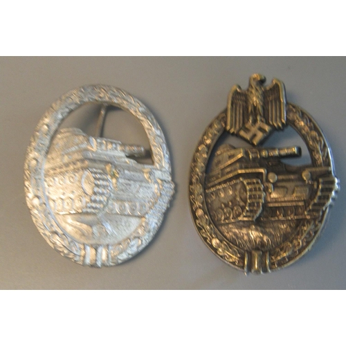 106 - Two German WWII Panzer assault badges, one post war with swastika removed, probably both replicas. (... 