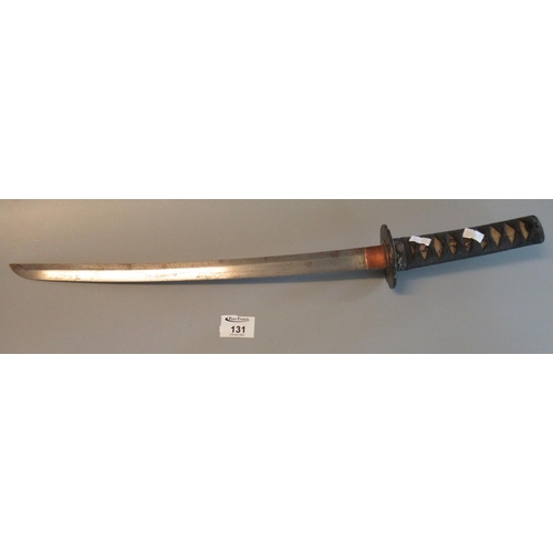 131 - Japanese Wakizashi short sword with gilt metal Mikuni, cord bound fish skin grip, and pierced plain ... 