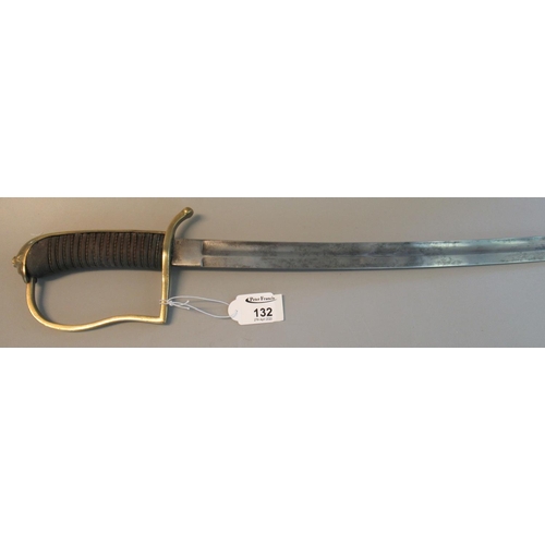 132 - 19th century military sabre, having brass hilt with wire bound grip, and steel fullered blade. No sc... 