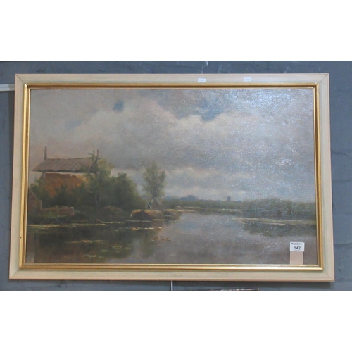 142 - Continental School, indistinctly signed, Dutch River Scene with Hay Barges - dated '26, Oils on Boar... 